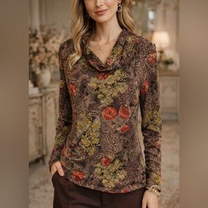 Carducci Vintage Floral Cowl Neck Top L Stretch Burnout Long Sleeve Whimsical